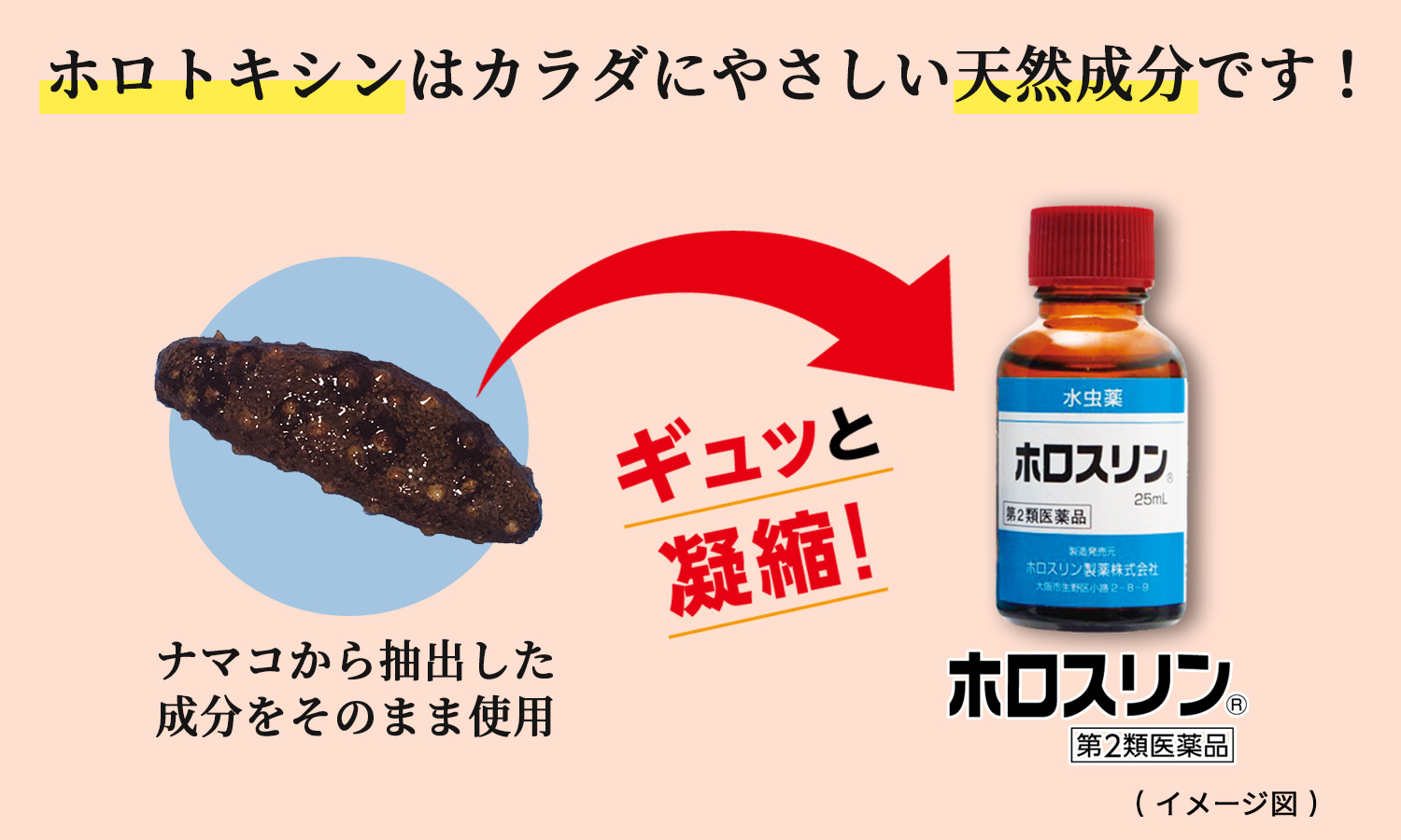 ナマコから抽出した天然成分「ホロトキシン」をそのまま使用した水虫薬です。