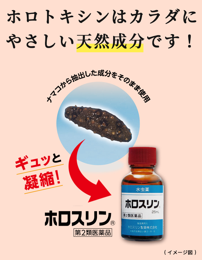 ナマコから抽出した天然成分「ホロトキシン」をそのまま使用した水虫薬です。
